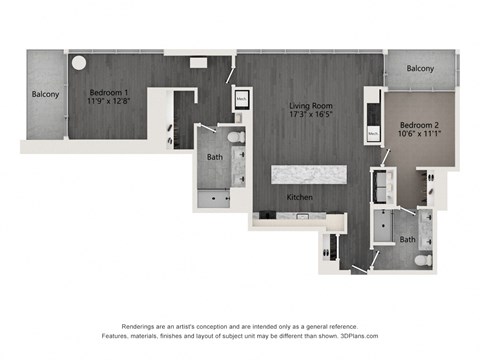 Floor plan for 2 beds, 2 baths, 1302 sqft